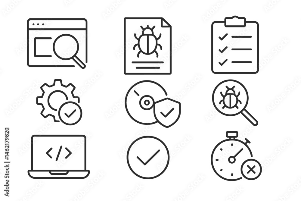 Poster vector illustration showing software development and debugging tools in various formats and activiti