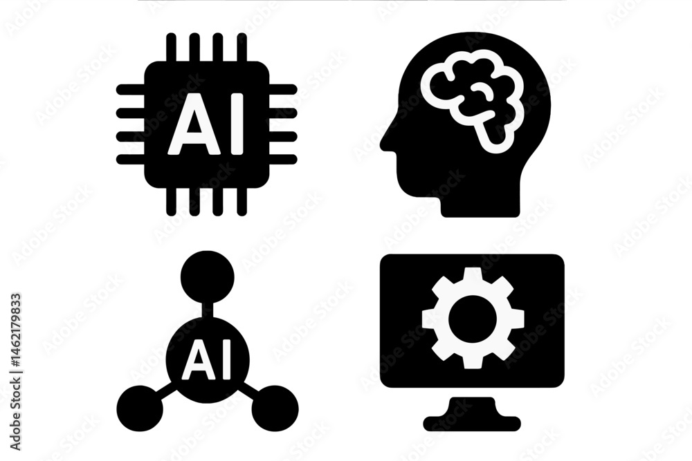 Poster icon set representing artificial intelligence concepts including brain, processor, molecule, and com