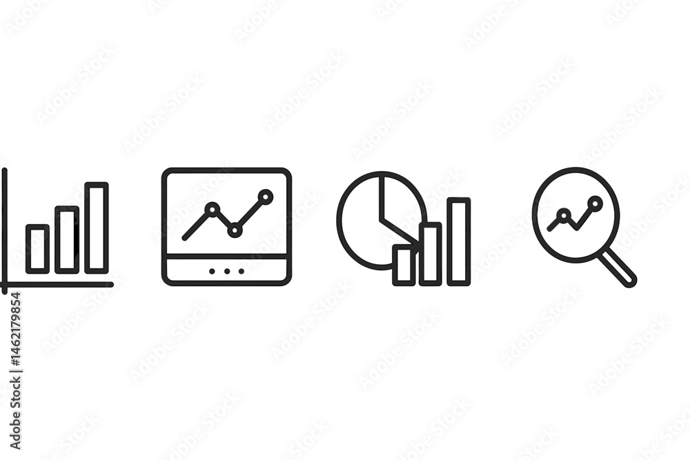 Poster vector illustration of various analytics and data visualization icons including bar graph, pie chart