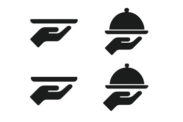 Vector illustration icon depicting hands serving food with cloche and plate, showcasing hospitality and dining service themes