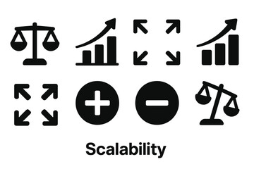 Vector illustration icons representing scalability, balance, growth, and adjustment in business and technology contexts