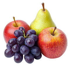Three Apples and Two Pears with Grapes Isolated on Transparent Background