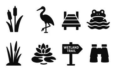 Vector illustration icons showcasing wetland elements with plants, animals, and a sign for a trail
