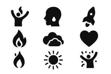Creative vector illustration icons showcasing emotions, energy, and aspirations in a dynamic design layout