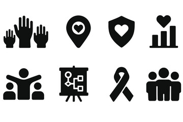 Vector illustration icons representing community support, health awareness, and collaboration in various formats