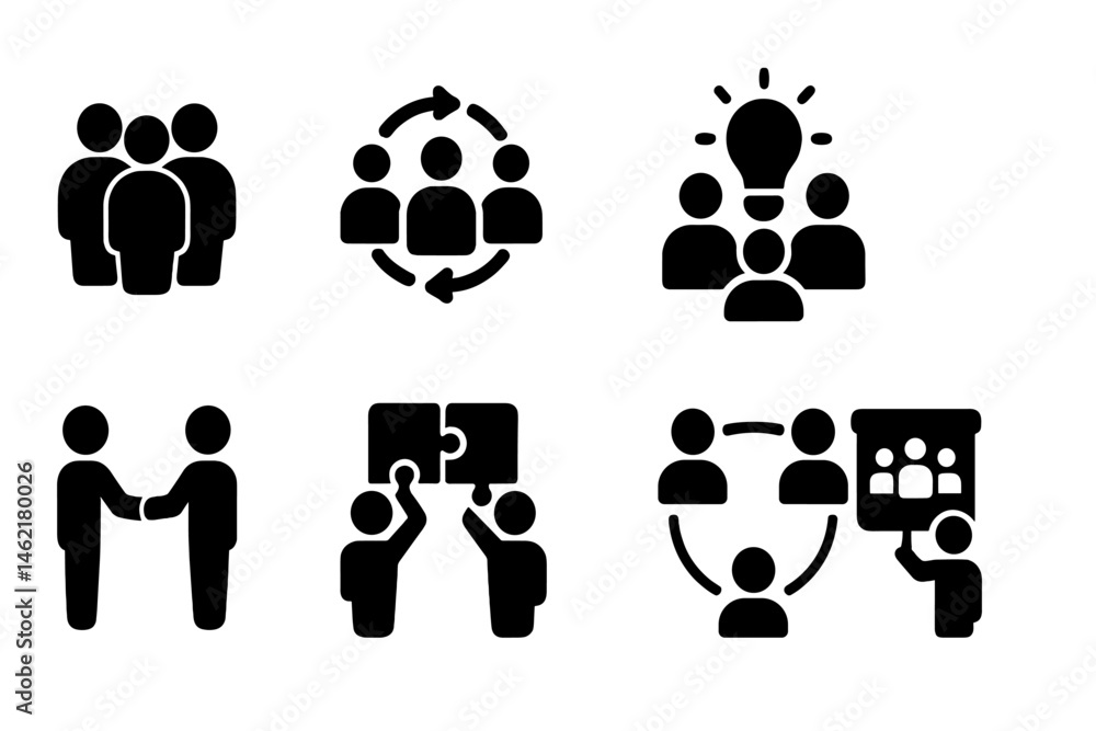 Poster collaboration and teamwork vector icons depicting group activities, brainstorming, and problem-solvi