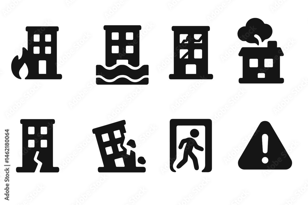 Poster set of vector icons depicting various building hazards shown through symbols of fire, flooding, and 