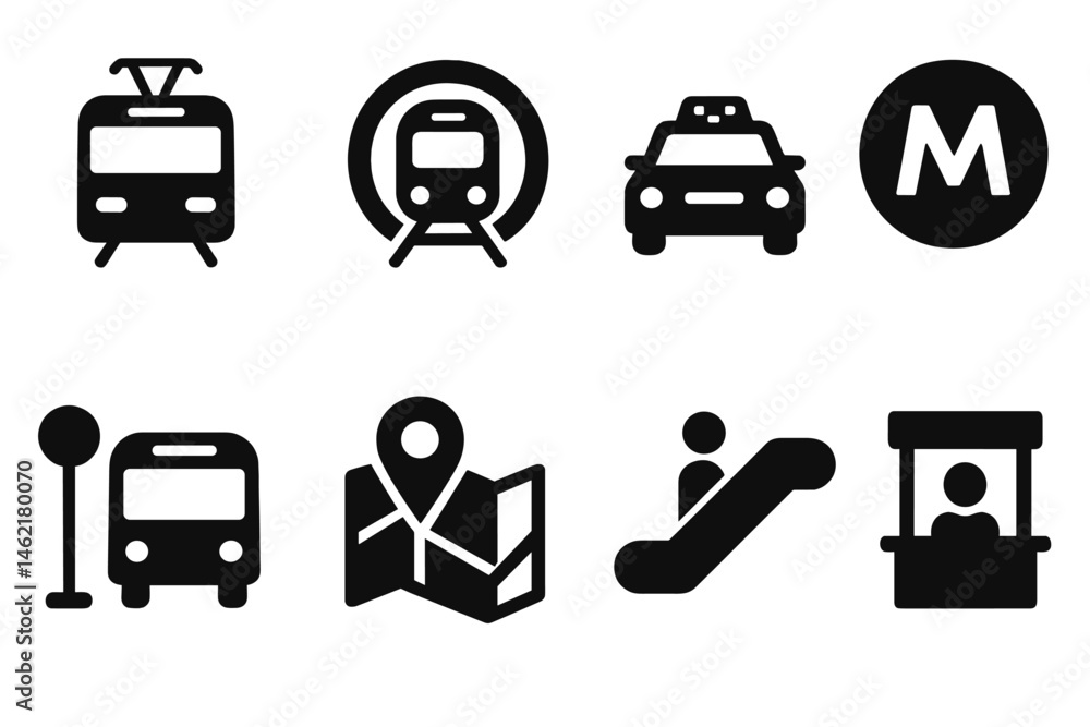 Poster collection of vector icons representing various modes of urban transportation in a simplified design