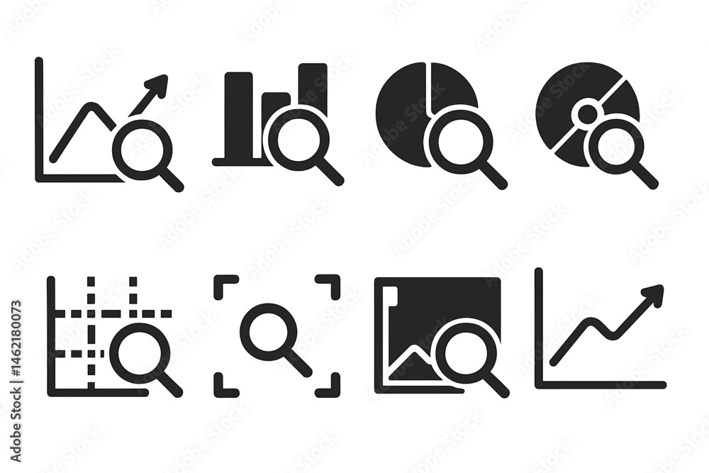 Poster vector illustration icons depicting data analysis tools with magnifying glass symbolizing exploratio