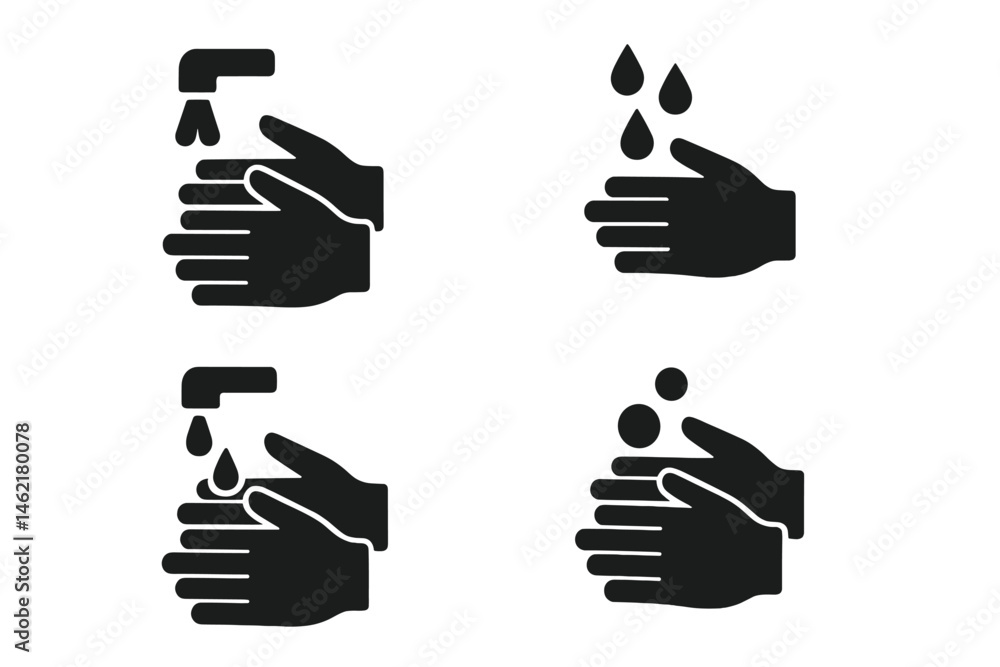Poster hand washing symbols demonstrating proper hygiene practices to prevent illness in daily routines