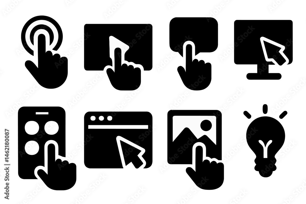 Poster vector illustration icons depicting various hand gestures for interactive technology and digital int
