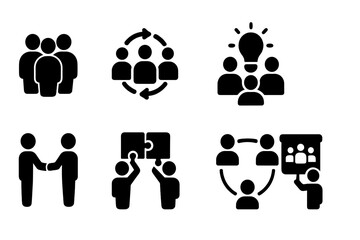 Collaboration and teamwork vector icons depicting group activities, brainstorming, and problem-solving in a professional setting