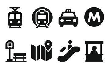 Vector illustration icons depicting various modes of urban transportation and navigation tools for city travel