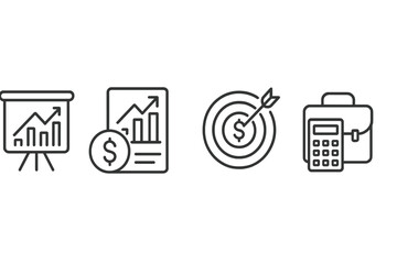 Vector illustrations depict business growth through charts, financial planning, target achievement, and budgeting tools