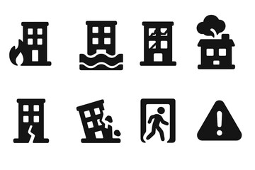Set of vector icons depicting various building hazards shown through symbols of fire, flooding, and structural damage