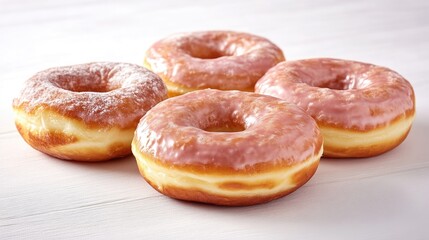 Fototapeta premium Four glazed donuts with pink icing on a light wooden surface, close-up composition, studio lighting, and fresh bakery concept.