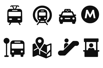 Collection of vector icons representing various modes of urban transportation in a simplified design for digital use