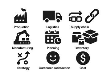 Vector illustration depicting key concepts in production, logistics, supply chain, and manufacturing strategies in a clear and informative design