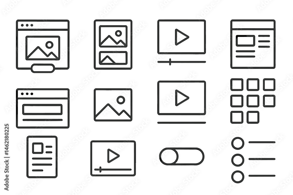 Aufkleber vector illustration of various multimedia icons representing digital content, navigation, and user i