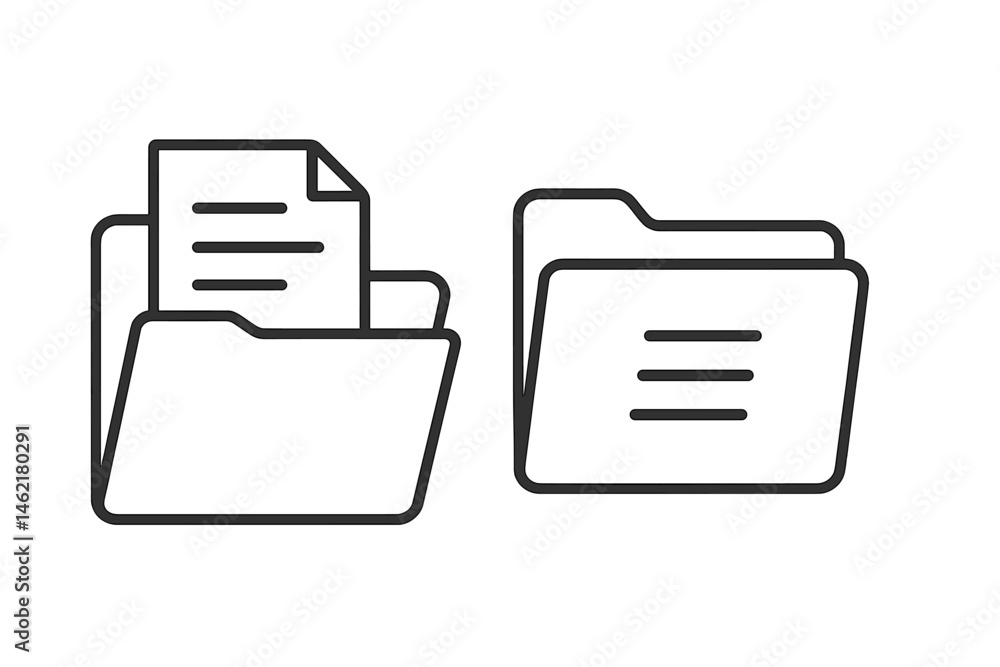 Poster vector illustration of open and closed folders with documents inside, useful for organization and fi