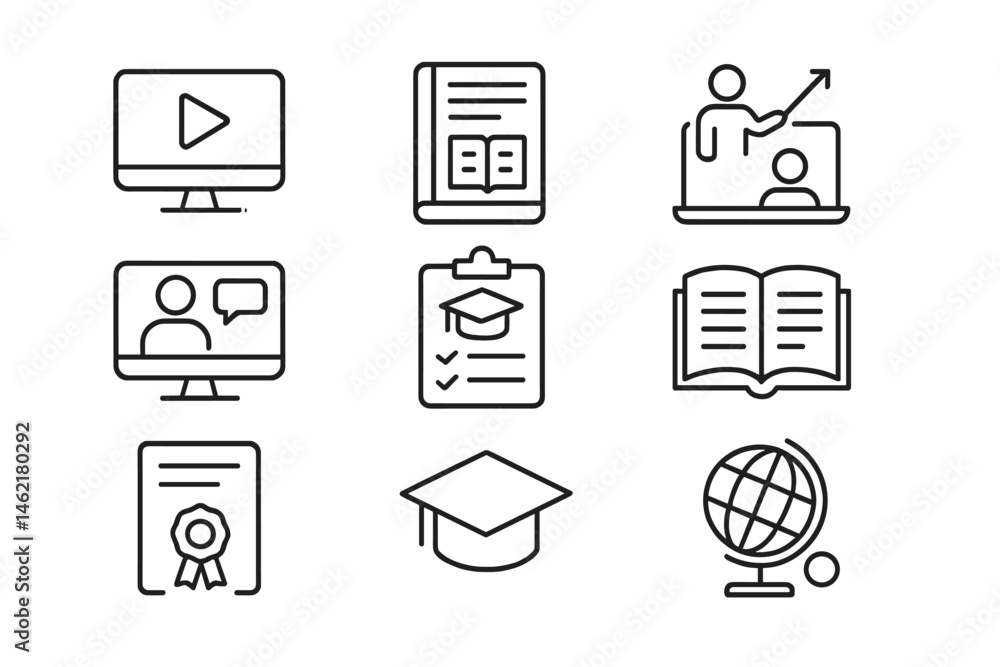 Poster educational vector icons representing diverse learning tools and resources for students and teachers