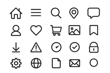 Vector illustration featuring various simple icons for digital applications and interfaces
