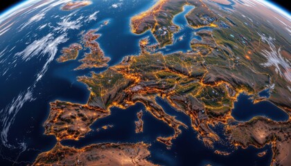 Illuminated Europe at Night from Space with Detailed Topography