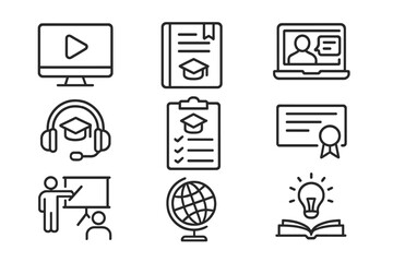 Online education icons illustrating diverse learning tools and activities for students in a digital environment