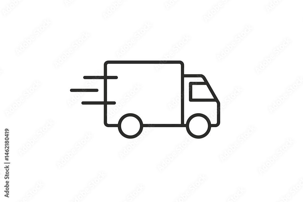 Poster delivery van icon in motion with dynamic lines indicating speed and efficiency during a daytime tran