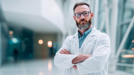 Portrait of confident doctor posing with crossed arms in modern hospital, with copy space