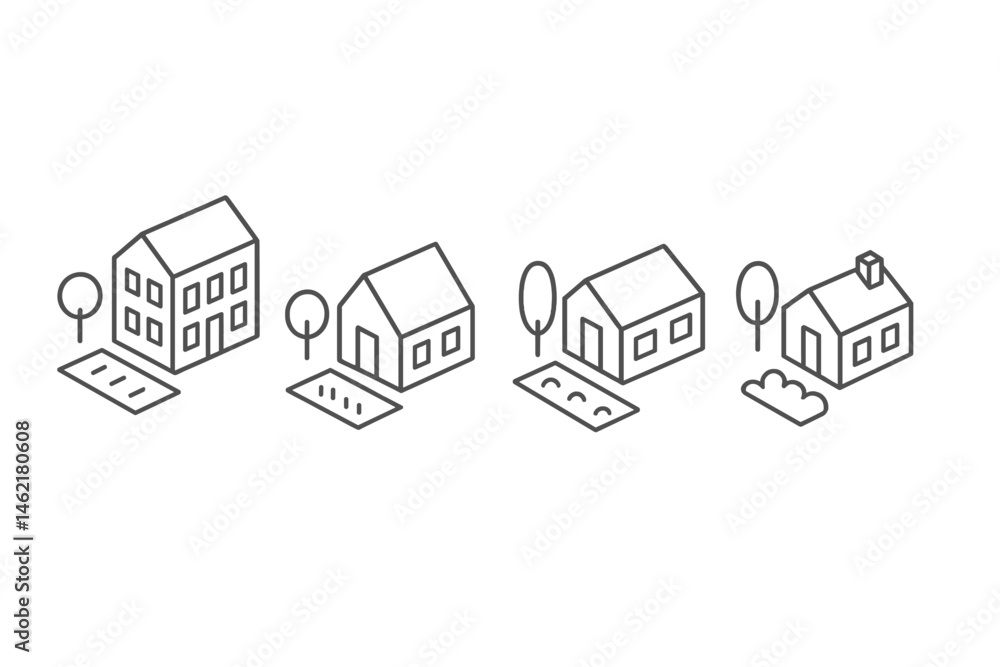 Poster vector illustration of various house designs with simple lines and elements showcasing different arc