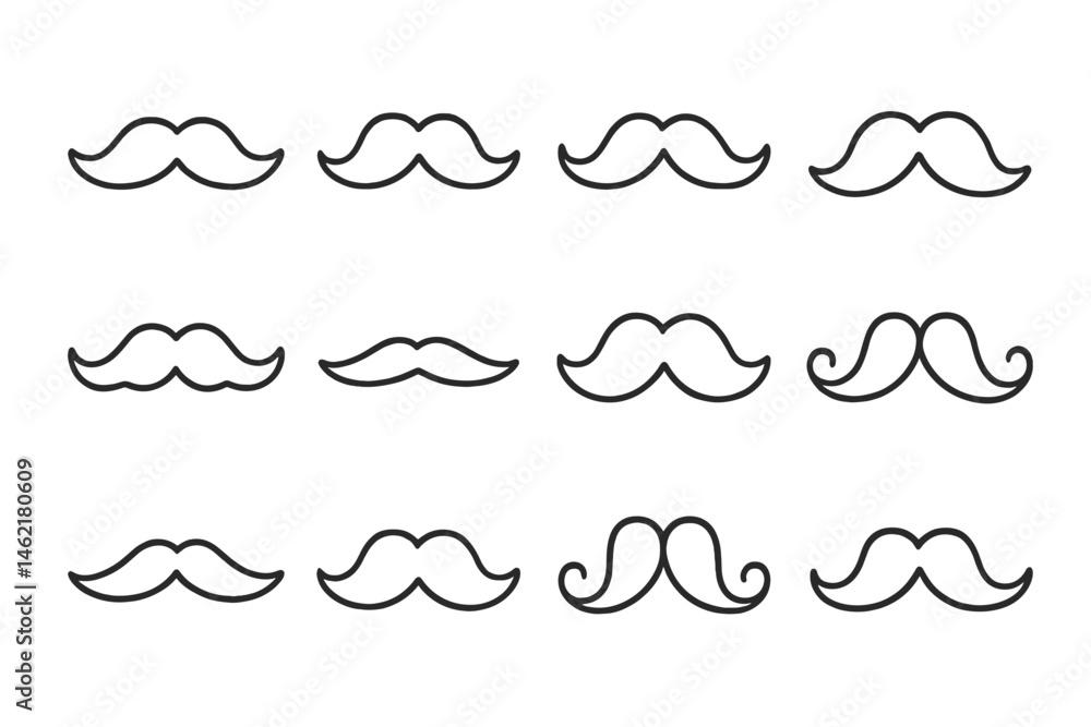 Poster collection of vector illustration icons showcasing various mustache designs in simple outlines for g
