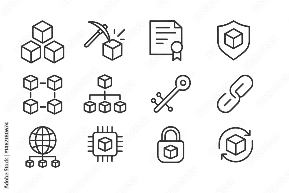 Poster vector illustration of block chain technology icons representing various aspects of data, security, 