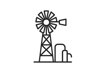 Vector illustration of a windmill and water pump set in a rural landscape