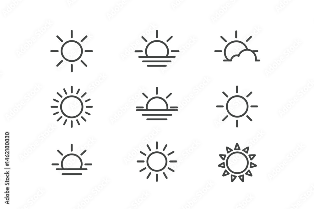 Poster diverse sun icon collection showcasing various representations of sun with rays in a simple vector i