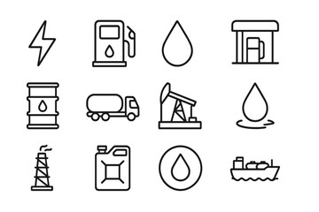 Vector illustration icons representing fuel, energy, and transportation in a minimalist style for digital design projects