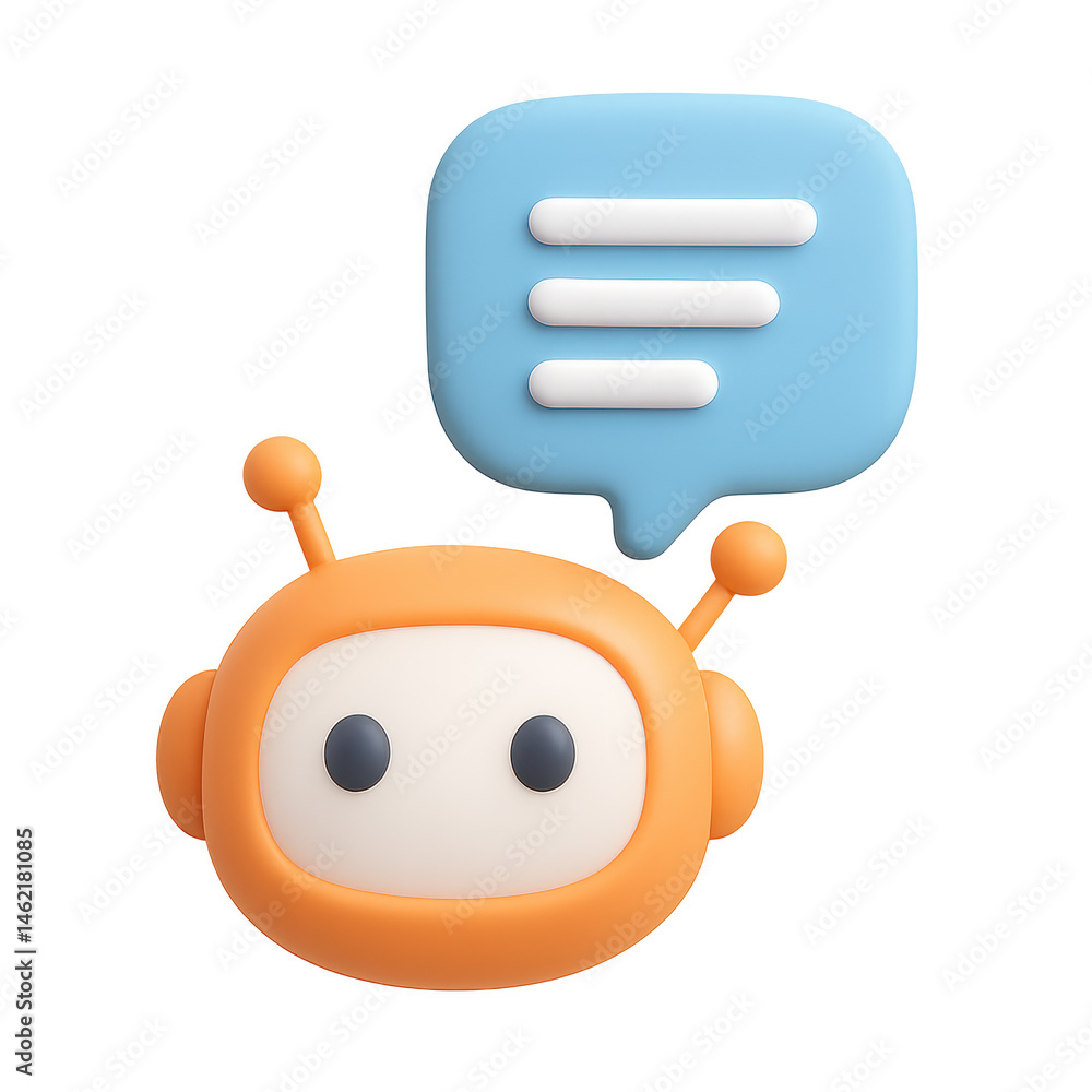 Poster smart bot communication: a 3d rendering of a friendly, orange bot with antenna, conversing through a