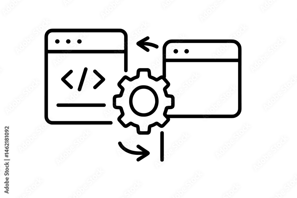 Poster vector illustration of two browser windows exchanging data through a gear symbol, representing web d
