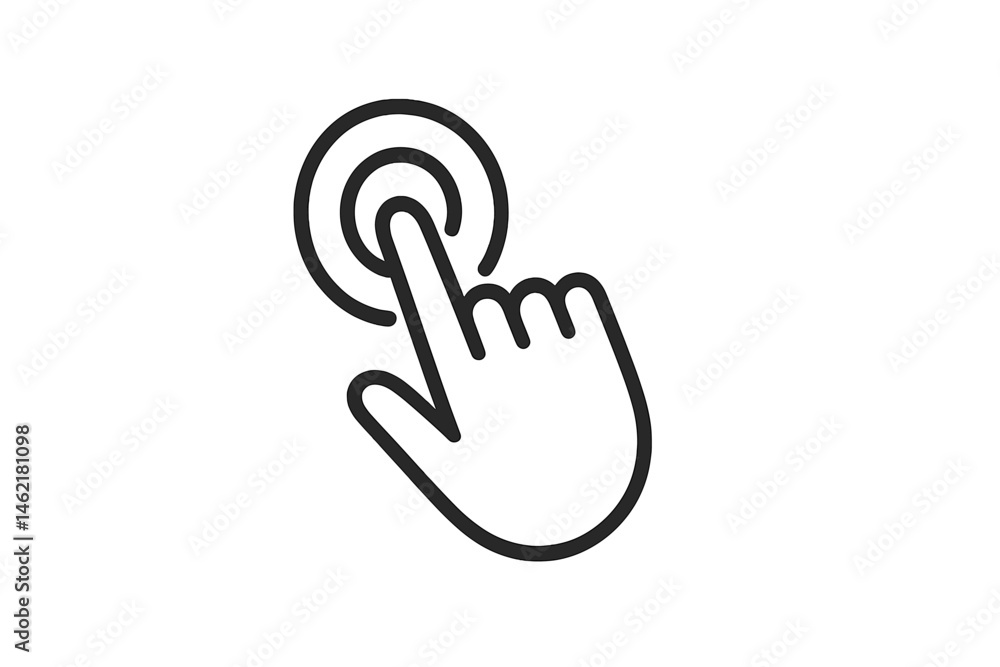 Poster vector illustration of a hand tapping a circular button, representing interaction and user engagemen