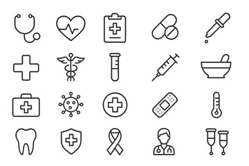 Health and medical vector icons collection including symbols of healthcare professions, treatments, and medical equipment