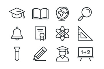 Education symbols with various icons representing study, knowledge, and learning activities in a simple vector design
