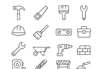 Vector illustration of essential tools used in construction and DIY activities, featuring safety gear and instruments arranged in a grid layout