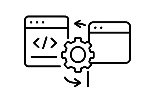Vector illustration of two browser windows exchanging data through a gear symbol, representing web development and coding activities
