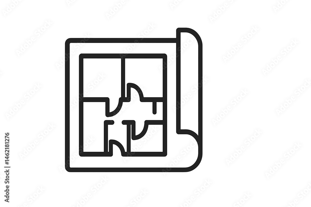 Poster vector illustration of a puzzle piece on a blueprint layout, representing design planning and proble