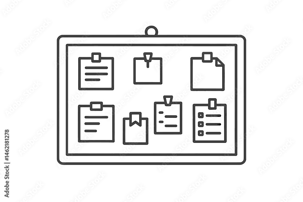 Poster bulletin board with pinned notes and documents in a minimalist design for workspace organization