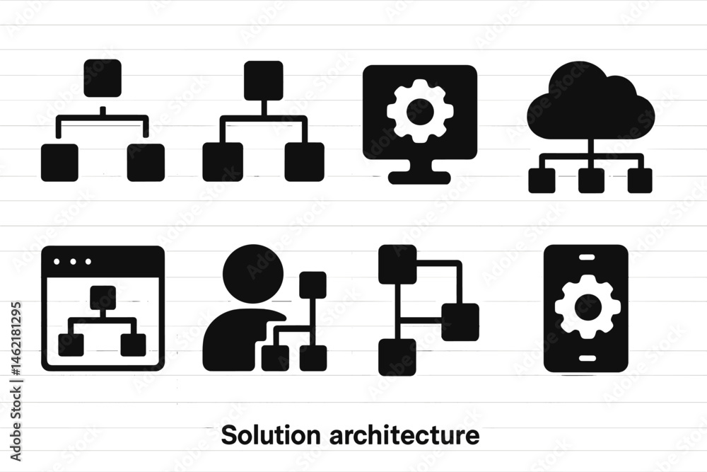 Poster vector illustration icons representing solution architecture components and connectivity concepts fo