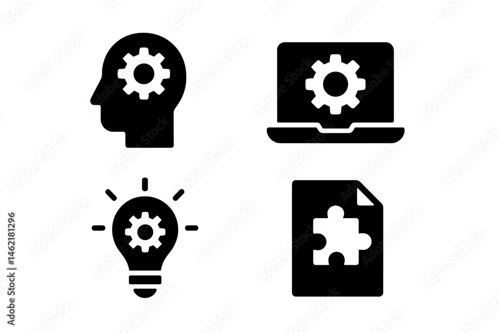 Poster creative vector illustration of icons representing technology, problem solving, and innovation in a 