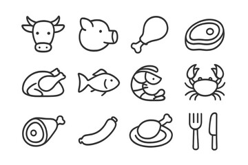 Collection of vector icons depicting various meats including beef, pork, chicken, fish, and seafood on a simple background