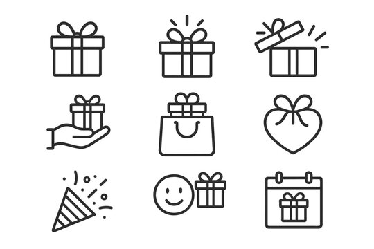 Vector illustration icons showcasing various gift symbols, present boxes, and celebratory elements for festive occasions