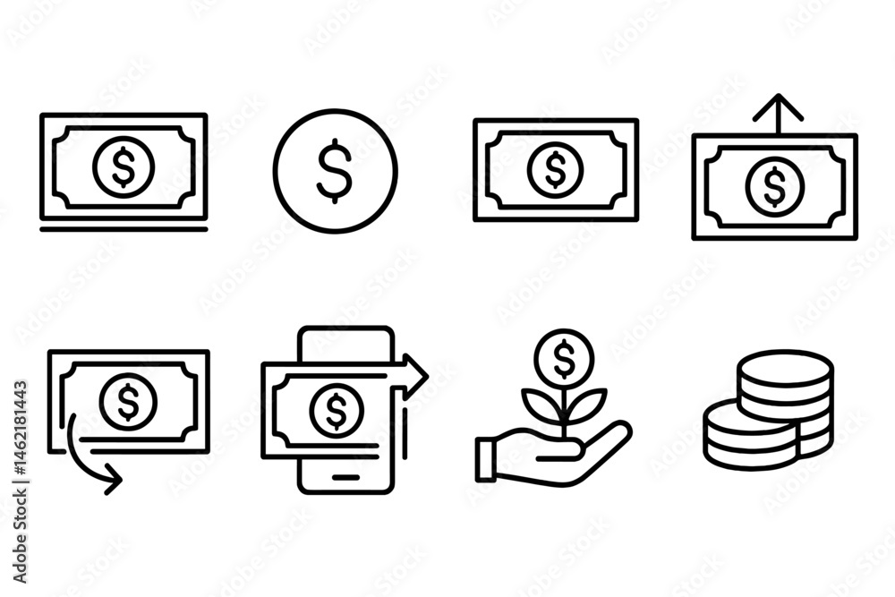 Poster vector illustration icons depicting various aspects of money management and transactions in a simple